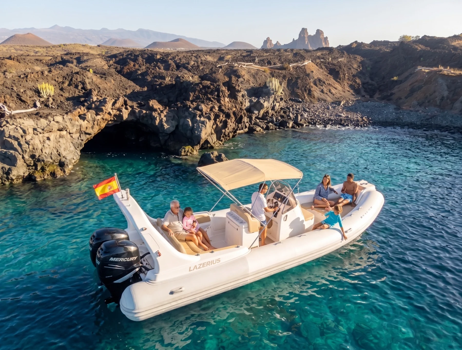 Boat beside Rasca's volcanic landscape