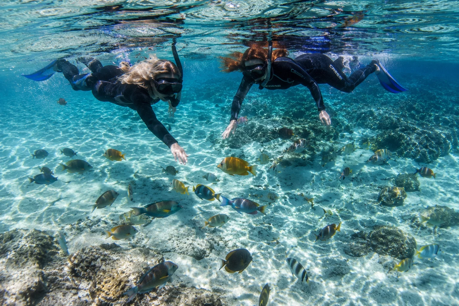 People snorkelling in clear water