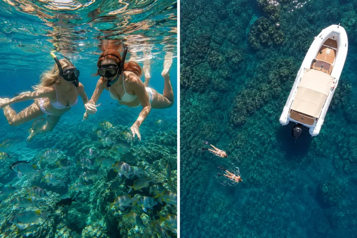 Composición de snorkeling y una embarcación vista desde arriba